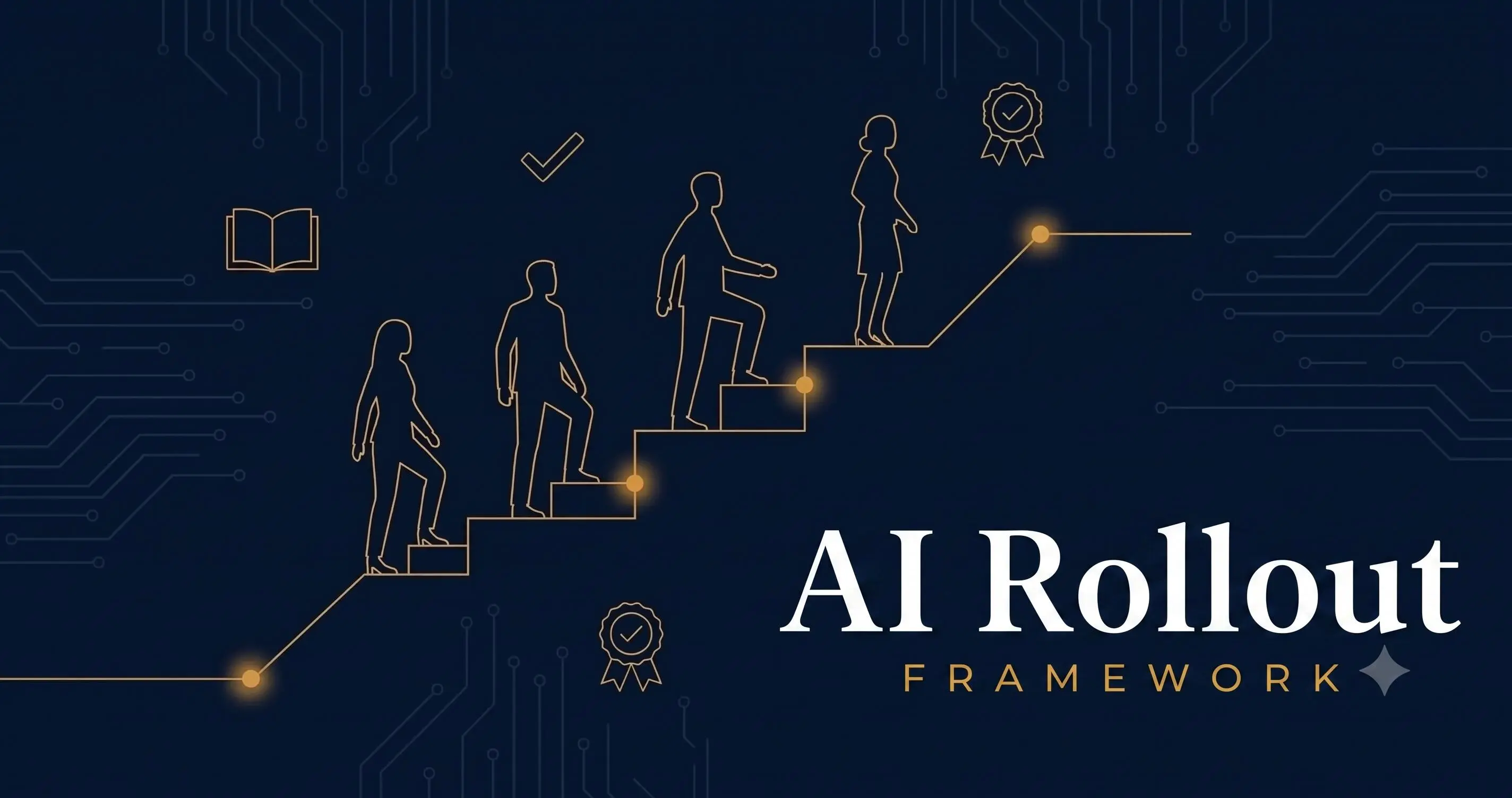 AI Rollout Framework wordmark above an illustration of silhouetted figures climbing a staircase toward a goal